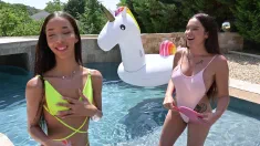 Thumbnail of Bisexual Bffs Lia Lin And Bambola Share A Hard Cock By The Pool
