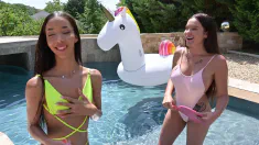 Thumbnail of Bisexual Bffs Lia Lin And Bambola Share A Hard Cock By The Pool