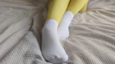 Thumbnail of Sockjob By Girlfriend In Yellow Pantyhose And White Ankle Socks